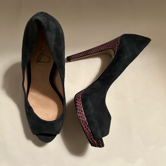 JOAN & DAVID - Blue Suede Purple Snake OpenToe High Heel Platforms - Sz 7M - Picture 6 of 14